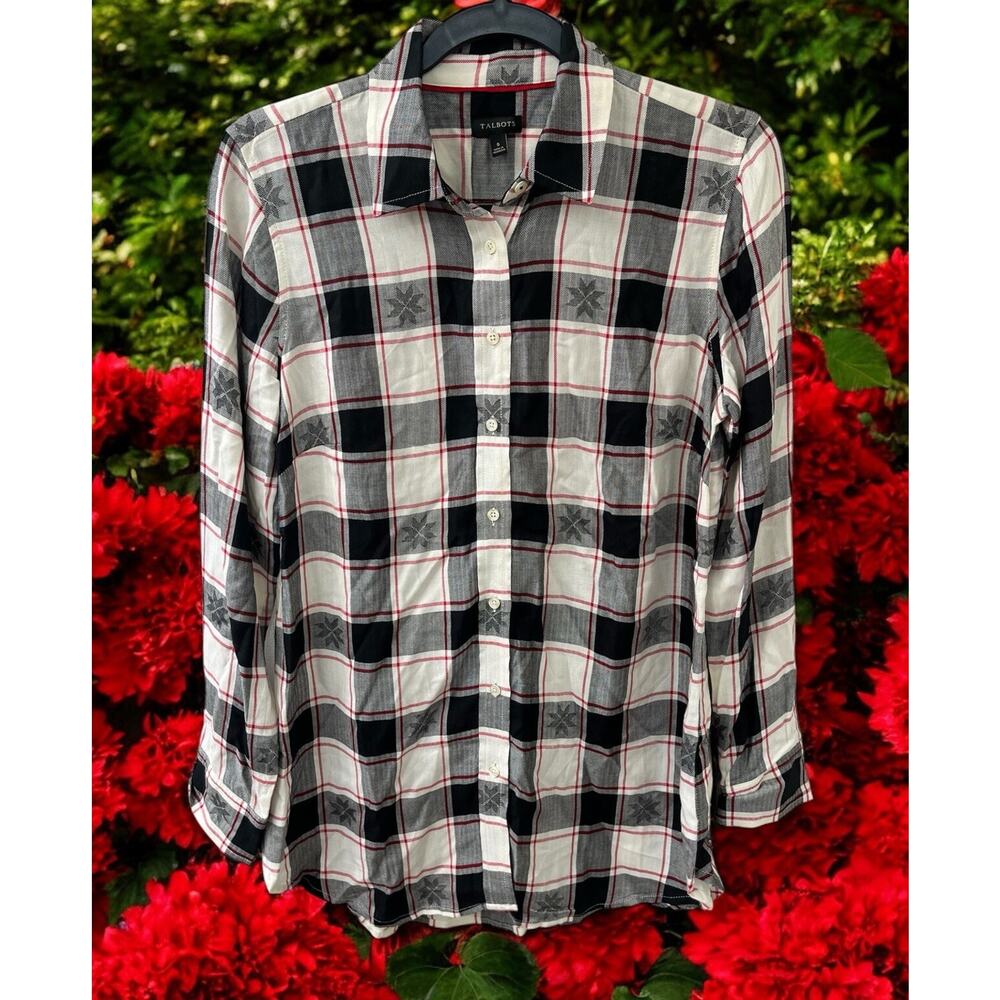 Talbots Plaid Button Down Shirt Snowflakes Black White Red SIZE SMALL 100% rayon